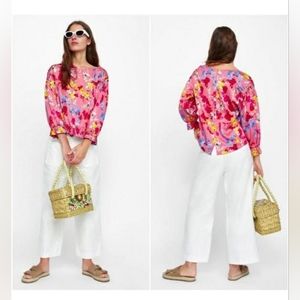 ZARA – Floral Print Blouse with Elastic Cuffs Sz Medium